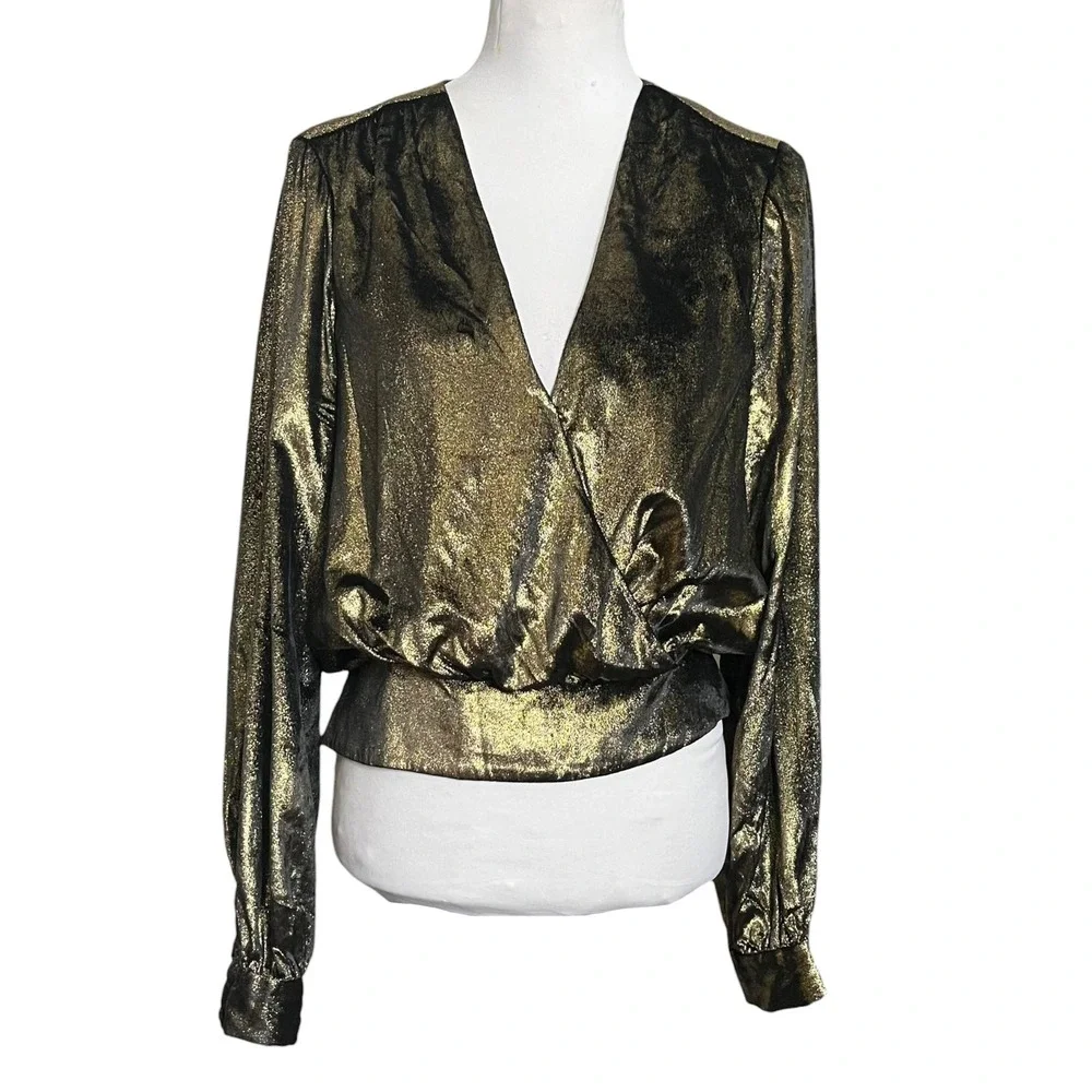 FRAME Metallic Gold Wrap Blouse Women's Medium Long Sleeve Party Top Night Out